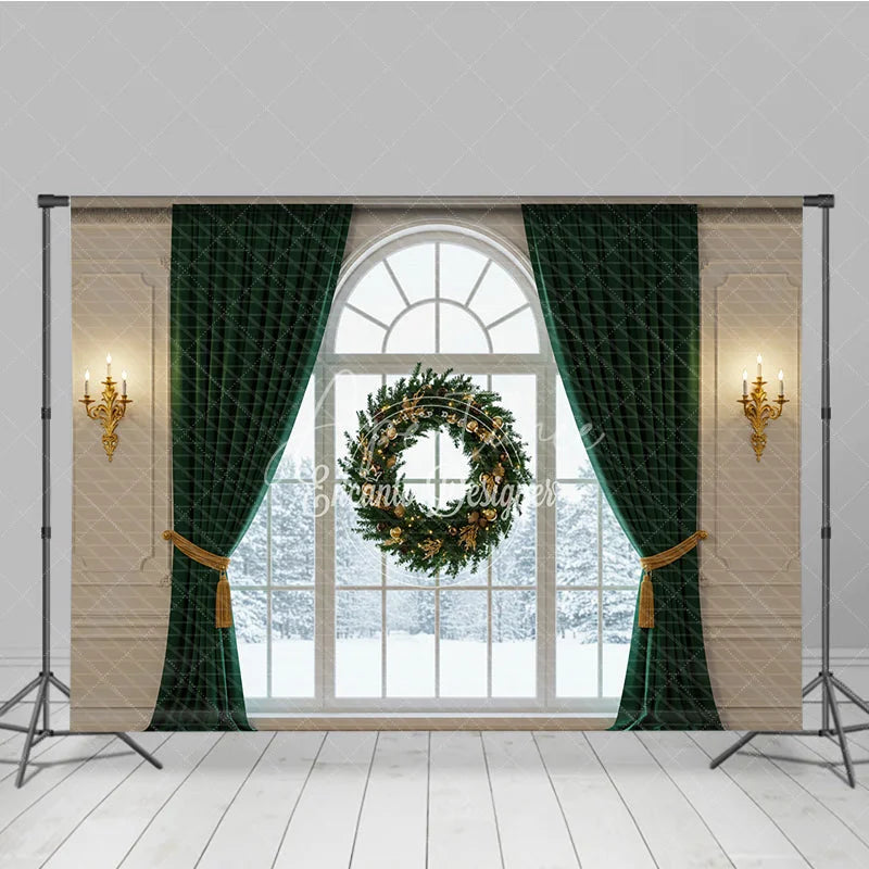 Aperturee - Aperturee Elegant Christmas Window Photography Backdrop with Green Curtains Floating Wreath Classic Holiday Photo Background