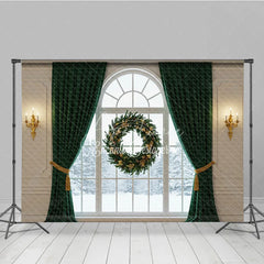 Aperturee - Aperturee Elegant Christmas Window Photography Backdrop with Green Curtains Floating Wreath Classic Holiday Photo Background