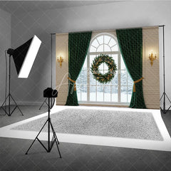 Aperturee - Aperturee Elegant Christmas Window Photography Backdrop with Green Curtains Floating Wreath Classic Holiday Photo Background