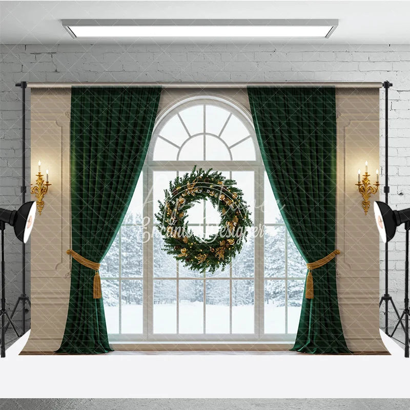 Aperturee - Aperturee Elegant Christmas Window Photography Backdrop with Green Curtains Floating Wreath Classic Holiday Photo Background
