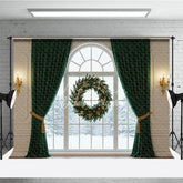 Aperturee - Aperturee Elegant Christmas Window Photography Backdrop with Green Curtains Floating Wreath Classic Holiday Photo Background