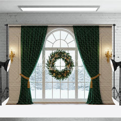 Aperturee - Aperturee Elegant Christmas Window Photography Backdrop with Green Curtains Floating Wreath Classic Holiday Photo Background