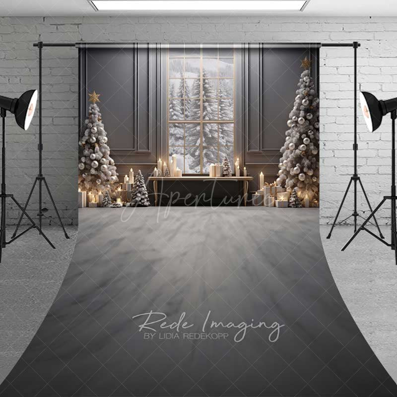 Aperturee - Aperturee Elegant Christmas Window Sweep Photo Backdrop Gray Room with Snowy View and Xmas Trees Holiday Studio Prop