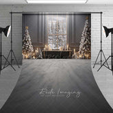 Aperturee - Aperturee Elegant Christmas Window Sweep Photo Backdrop Gray Room with Snowy View and Xmas Trees Holiday Studio Prop