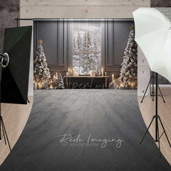 Aperturee - Aperturee Elegant Christmas Window Sweep Photo Backdrop Gray Room with Snowy View and Xmas Trees Holiday Studio Prop