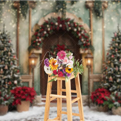 Aperturee - Aperturee Elegant Christmas Winter Wonderland Holiday Backdrop with Decorated Trees Wreath Snow and Fairy Lights