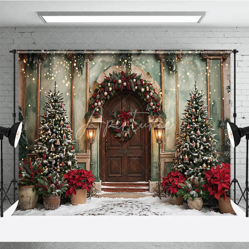 Aperturee - Aperturee Elegant Christmas Winter Wonderland Holiday Backdrop with Decorated Trees Wreath Snow and Fairy Lights