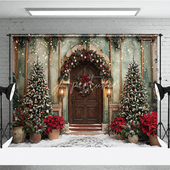 Aperturee - Aperturee Elegant Christmas Winter Wonderland Holiday Backdrop with Decorated Trees Wreath Snow and Fairy Lights