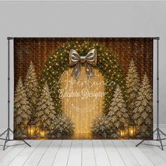 Aperturee - Aperturee Elegant Christmas Wreath Photography Backdrop Gold Bow with Flocked Trees Fairy Light Holiday Photo Background