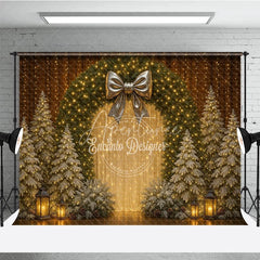 Aperturee - Aperturee Elegant Christmas Wreath Photography Backdrop Gold Bow with Flocked Trees Fairy Light Holiday Photo Background