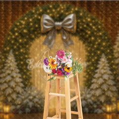Aperturee - Aperturee Elegant Christmas Wreath Photography Backdrop Gold Bow with Flocked Trees Fairy Light Holiday Photo Background