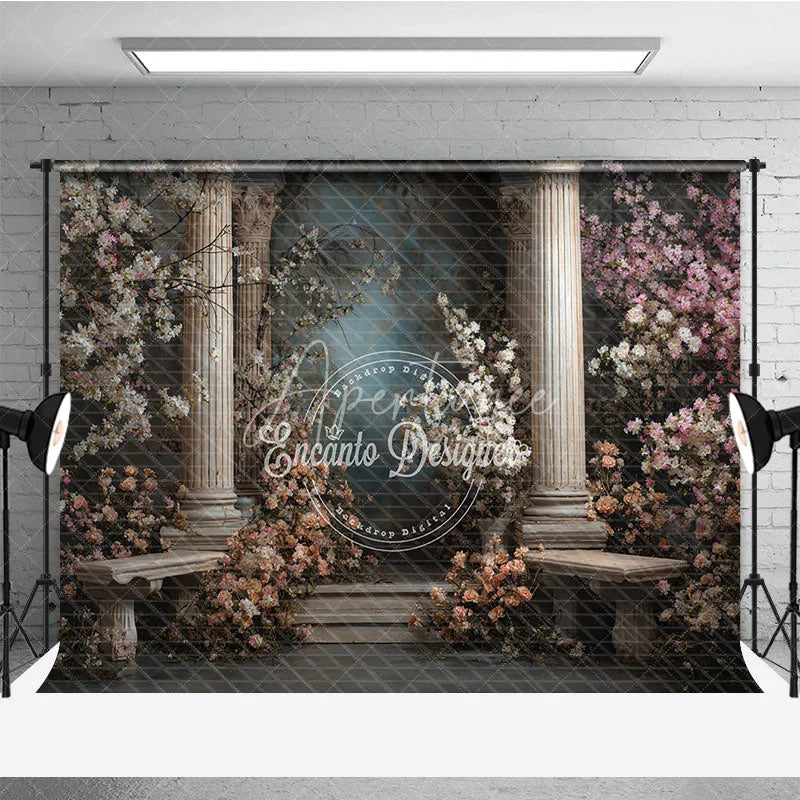 Aperturee - Aperturee Elegant Classical Garden Photography Backdrop with Roman Columns Flowering Pink and White Blossoms and Stone Benches