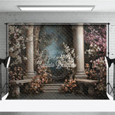 Aperturee - Aperturee Elegant Classical Garden Photography Backdrop with Roman Columns Flowering Pink and White Blossoms and Stone Benches