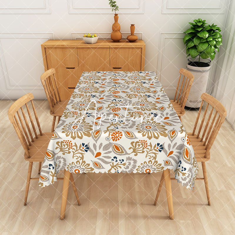 Aperturee - Aperturee Elegant Classical Orange Grey Blue Flower Tablecloth