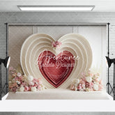 Aperturee - Aperturee Elegant Cream and Red Layered Heart Photography Backdrop with Pink and White Floral Decor for Valentine’s Day Wedding