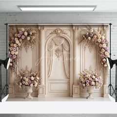 Aperturee - Aperturee Elegant Cream Classical Wall Photography Backdrop Ornate Columns and Pink Rose Floral Arrangements Wedding Party Decor