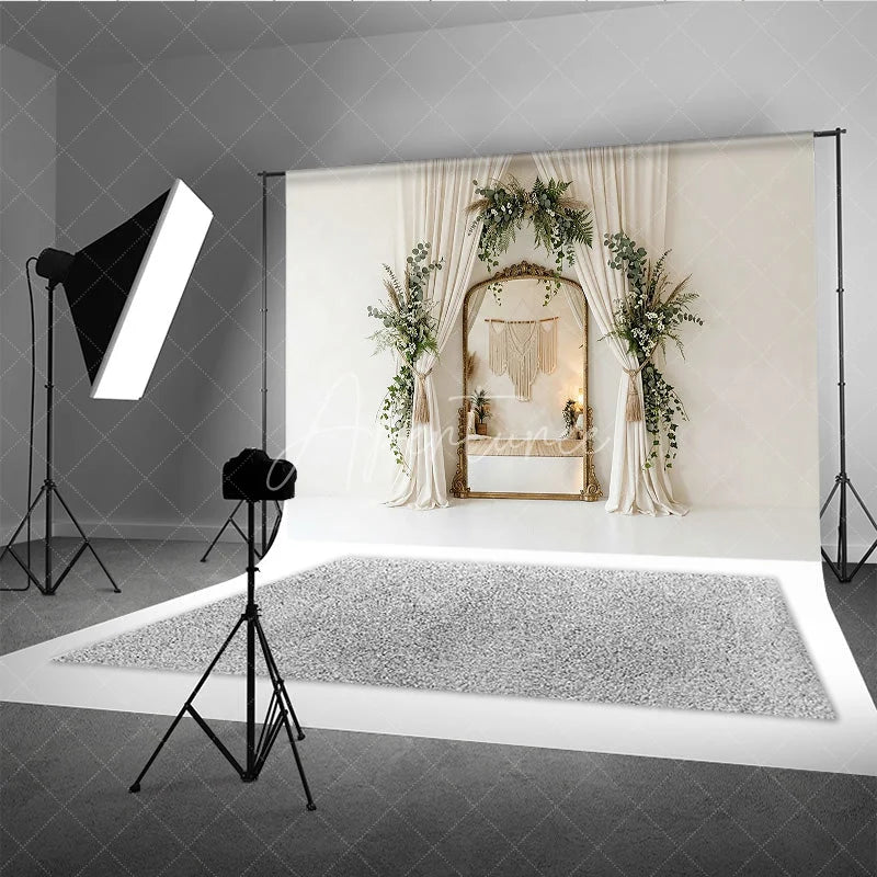 Aperturee - Aperturee Elegant Cream Curtain Photography Backdrop with Gold Mirror Lush Greenery and Boho Floral Decor