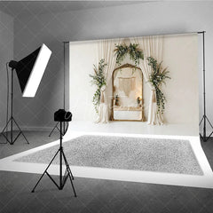 Aperturee - Aperturee Elegant Cream Curtain Photography Backdrop with Gold Mirror Lush Greenery and Boho Floral Decor