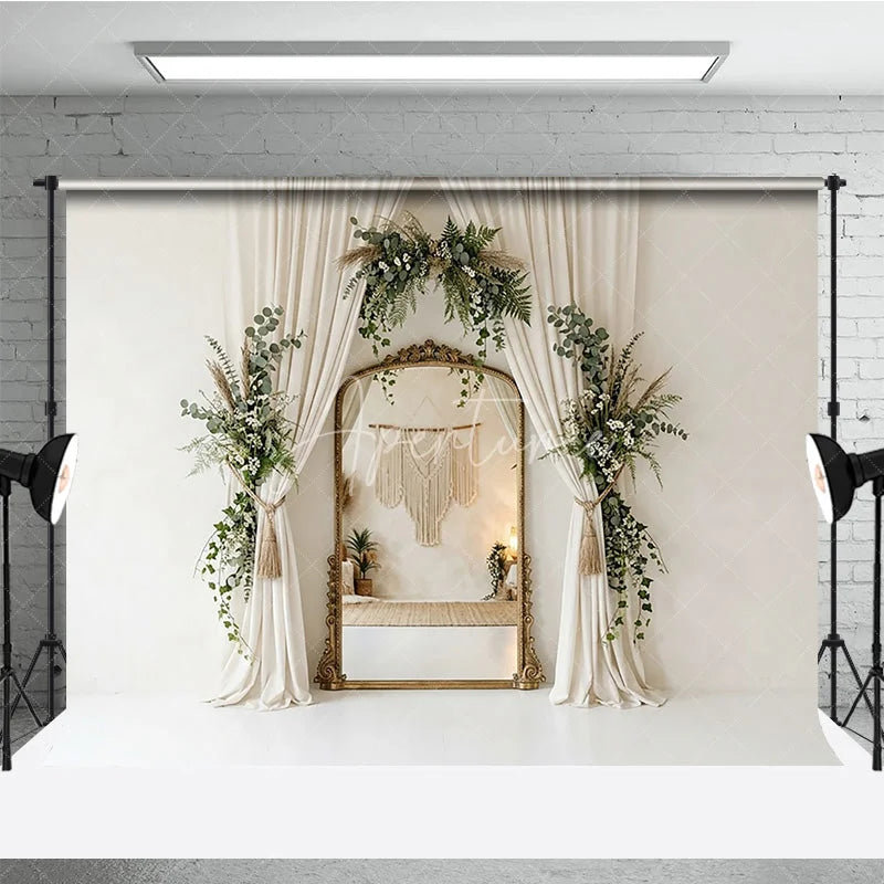 Aperturee - Aperturee Elegant Cream Curtain Photography Backdrop with Gold Mirror Lush Greenery and Boho Floral Decor