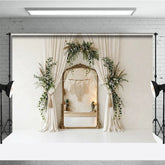 Aperturee - Aperturee Elegant Cream Curtain Photography Backdrop with Gold Mirror Lush Greenery and Boho Floral Decor