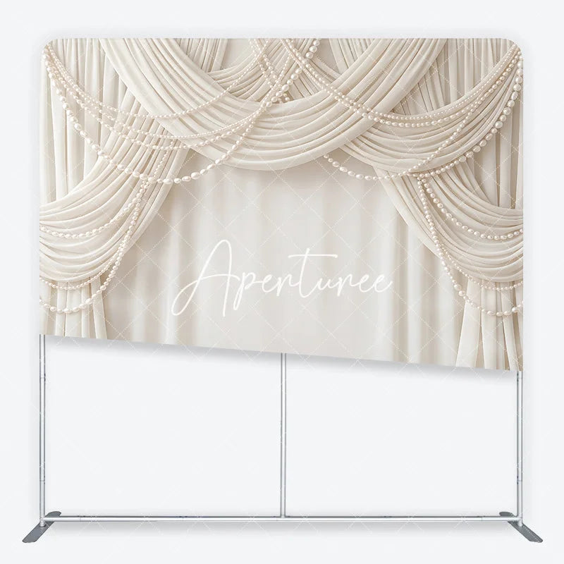 Aperturee - Aperturee Elegant Cream Fabric Drapes with Pearl Strings Square Double-Sided Backdrop Luxury Wedding and Event Decor