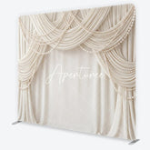 Aperturee - Aperturee Elegant Cream Fabric Drapes with Pearl Strings Square Double-Sided Backdrop Luxury Wedding and Event Decor
