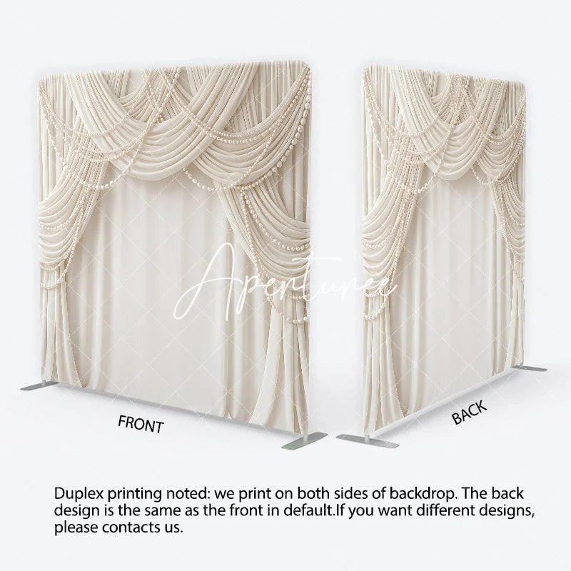 Aperturee - Aperturee Elegant Cream Fabric Drapes with Pearl Strings Square Double-Sided Backdrop Luxury Wedding and Event Decor