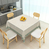 Aperturee - Aperturee Elegant Cream Floral Rectangle Tablecloth with Green Blue Border and Golden Dots for Dining Kitchen Decor