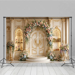 Aperturee - Aperturee Elegant Cream Gold Ornate Double Door Photography Backdrop with Pastel Floral Arch Luxurious Wedding Celebration Decor