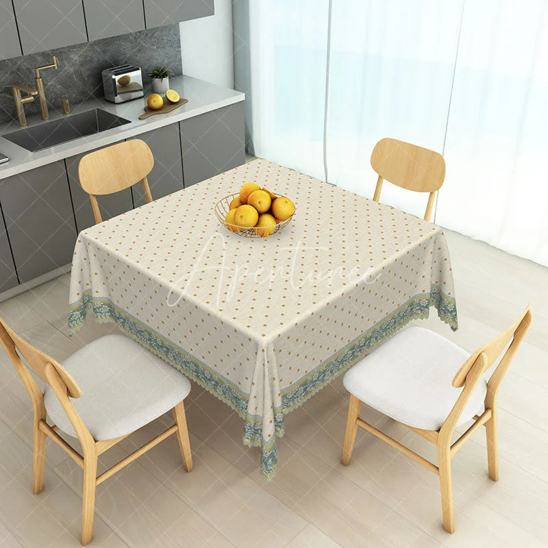 Aperturee - Aperturee Elegant Cream Rectangle Tablecloth with Golden Dot Pattern and Green Floral Border for Dining Decor