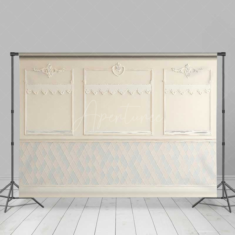 Aperturee Aperturee Elegant Cream Wall Photography Backdrop Classic Molding with Blue and White Diamond Pattern Vintage Room Interior