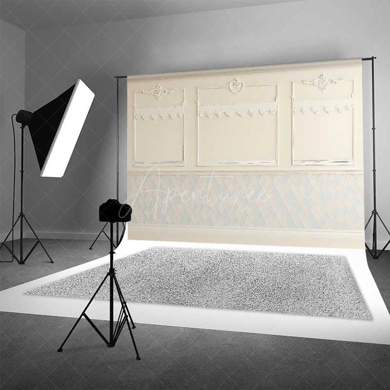 Aperturee Aperturee Elegant Cream Wall Photography Backdrop Classic Molding with Blue and White Diamond Pattern Vintage Room Interior