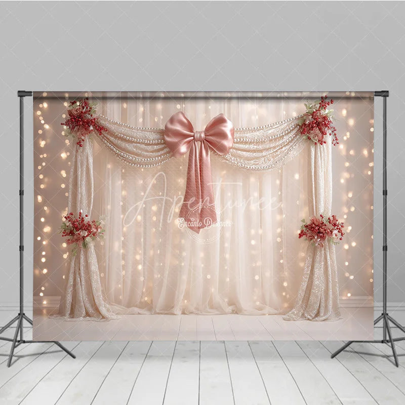 Aperturee - Aperturee Elegant Curtain Photography Backdrop with Pink Bow and Pearls Fairytale Wedding Bridal Shower Photo Booth