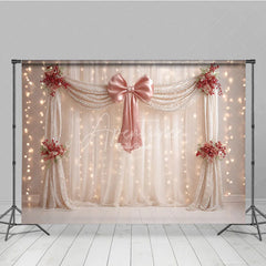 Aperturee - Aperturee Elegant Curtain Photography Backdrop with Pink Bow and Pearls Fairytale Wedding Bridal Shower Photo Booth