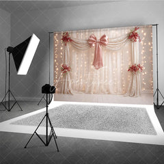 Aperturee - Aperturee Elegant Curtain Photography Backdrop with Pink Bow and Pearls Fairytale Wedding Bridal Shower Photo Booth