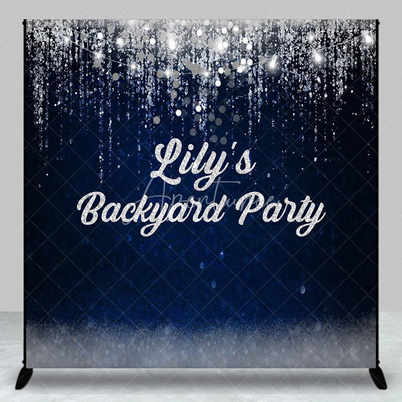 Aperturee - Aperturee Elegant Dark Blue Silver Glitter Personalized Custom Backdrop with String Lights Party Celebration Decor