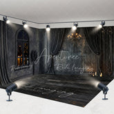 Aperturee - Aperturee Elegant Dark Room Set Backdrop Black Curtains Chandelier Vintage City Window Wooden Floor Photography Background