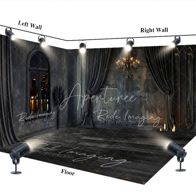 Aperturee - Aperturee Elegant Dark Room Set Backdrop Black Curtains Chandelier Vintage City Window Wooden Floor Photography Background