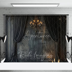 Aperturee - Aperturee Elegant Dark Room Set Backdrop Black Curtains Chandelier Vintage City Window Wooden Floor Photography Background