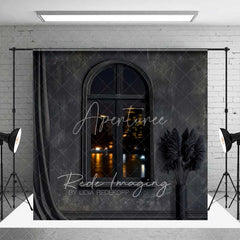 Aperturee - Aperturee Elegant Dark Room Set Backdrop Black Curtains Chandelier Vintage City Window Wooden Floor Photography Background