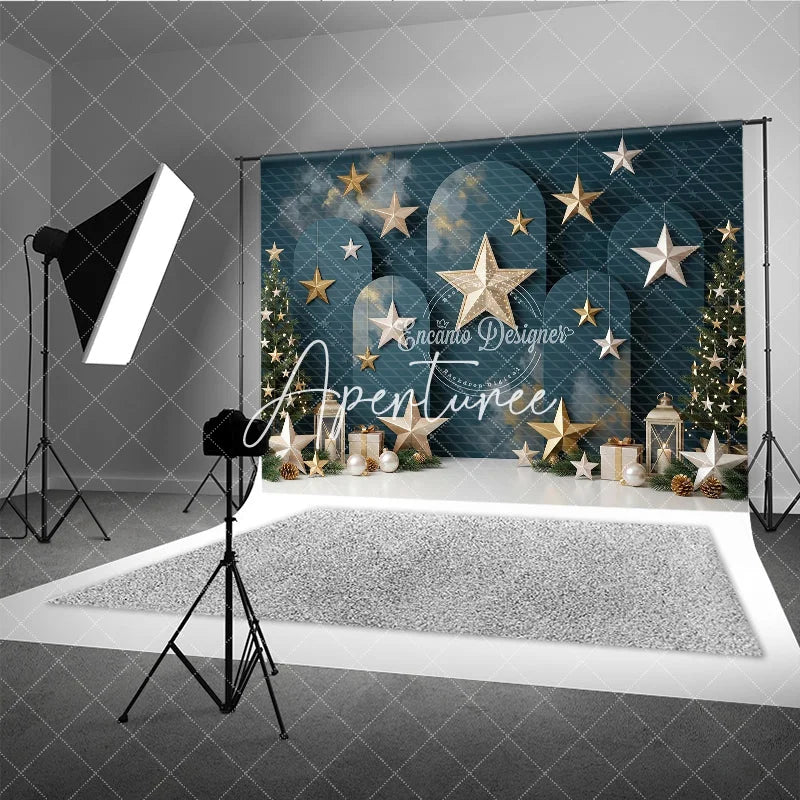 Aperturee - Aperturee Elegant Dark Teal Holiday Backdrop with Christmas Trees Gold and Silver Stars Festive Lanterns and Gift Boxes.