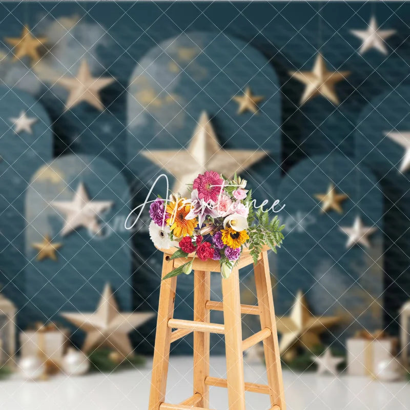 Aperturee - Aperturee Elegant Dark Teal Holiday Backdrop with Christmas Trees Gold and Silver Stars Festive Lanterns and Gift Boxes.