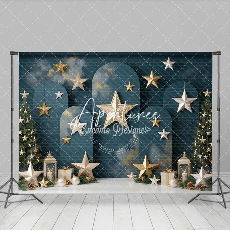 Aperturee - Aperturee Elegant Dark Teal Holiday Backdrop with Christmas Trees Gold and Silver Stars Festive Lanterns and Gift Boxes.