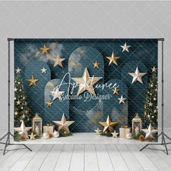 Aperturee - Aperturee Elegant Dark Teal Holiday Backdrop with Christmas Trees Gold and Silver Stars Festive Lanterns and Gift Boxes.