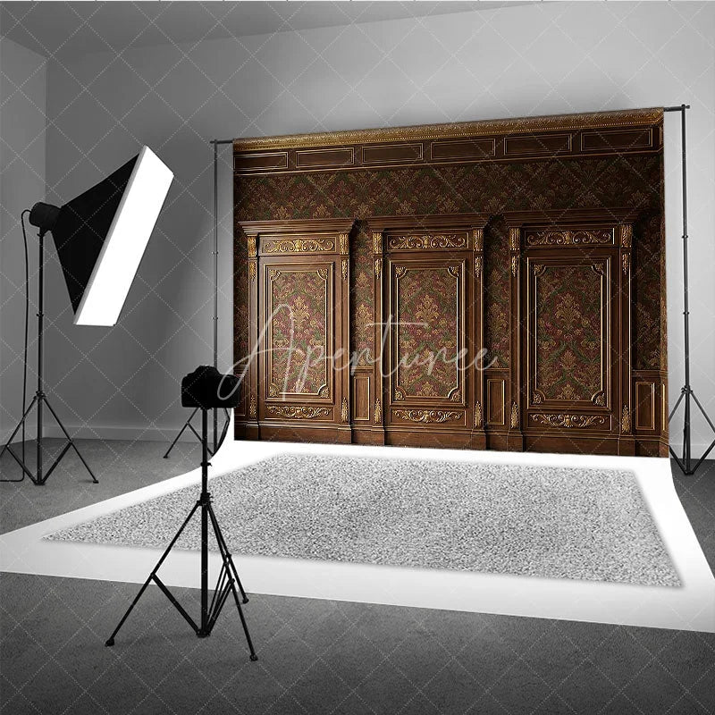 Aperturee - Aperturee Elegant Dark Wood Gold Ornate Damask Photography Backdrop Classic Red Green Pattern Wall Decor for Portraits