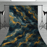Aperturee - Aperturee Elegant Deep Blue and Gold Abstract Textured Wavy Sweep Backdrop Artistic Photography Studio Prop
