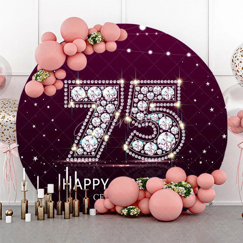 Aperturee - Aperturee Elegant Diamond 75th Birthday Round Backdrop Sparkling Purple Happy Birthday Celebration Decor