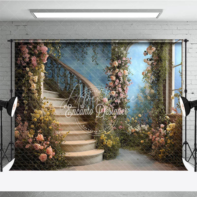 Aperturee - Aperturee Elegant Enchanted Garden Curved Staircase Floral Photography Backdrop Romantic Wedding and Portrait Scene