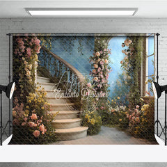 Aperturee - Aperturee Elegant Enchanted Garden Curved Staircase Floral Photography Backdrop Romantic Wedding and Portrait Scene