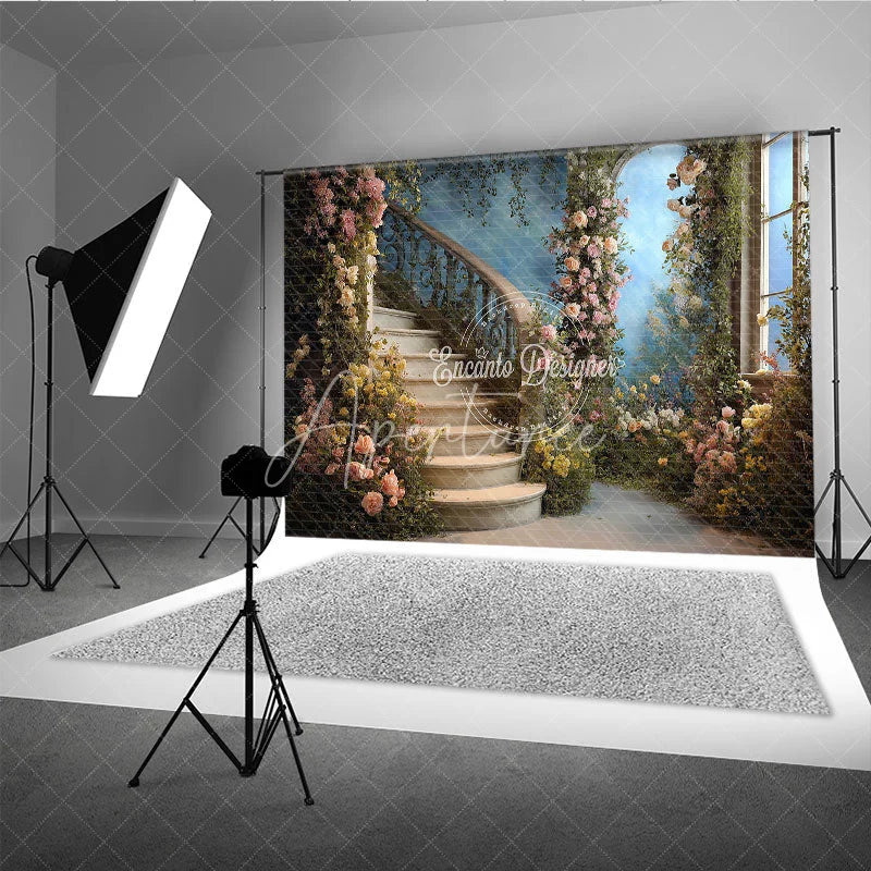 Aperturee - Aperturee Elegant Enchanted Garden Curved Staircase Floral Photography Backdrop Romantic Wedding and Portrait Scene